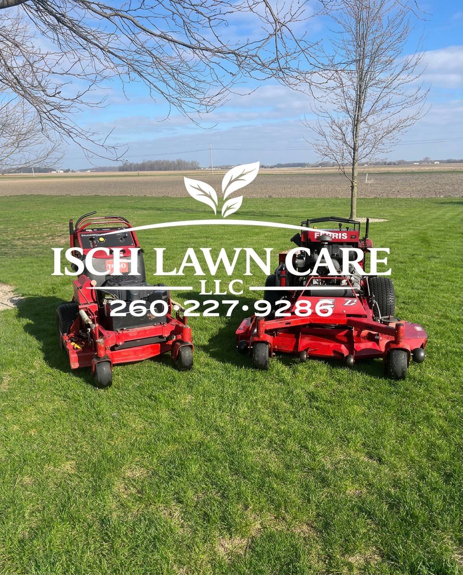 Isch Lawn Care LLC mowers on a green lawn in Bluffton, Indiana